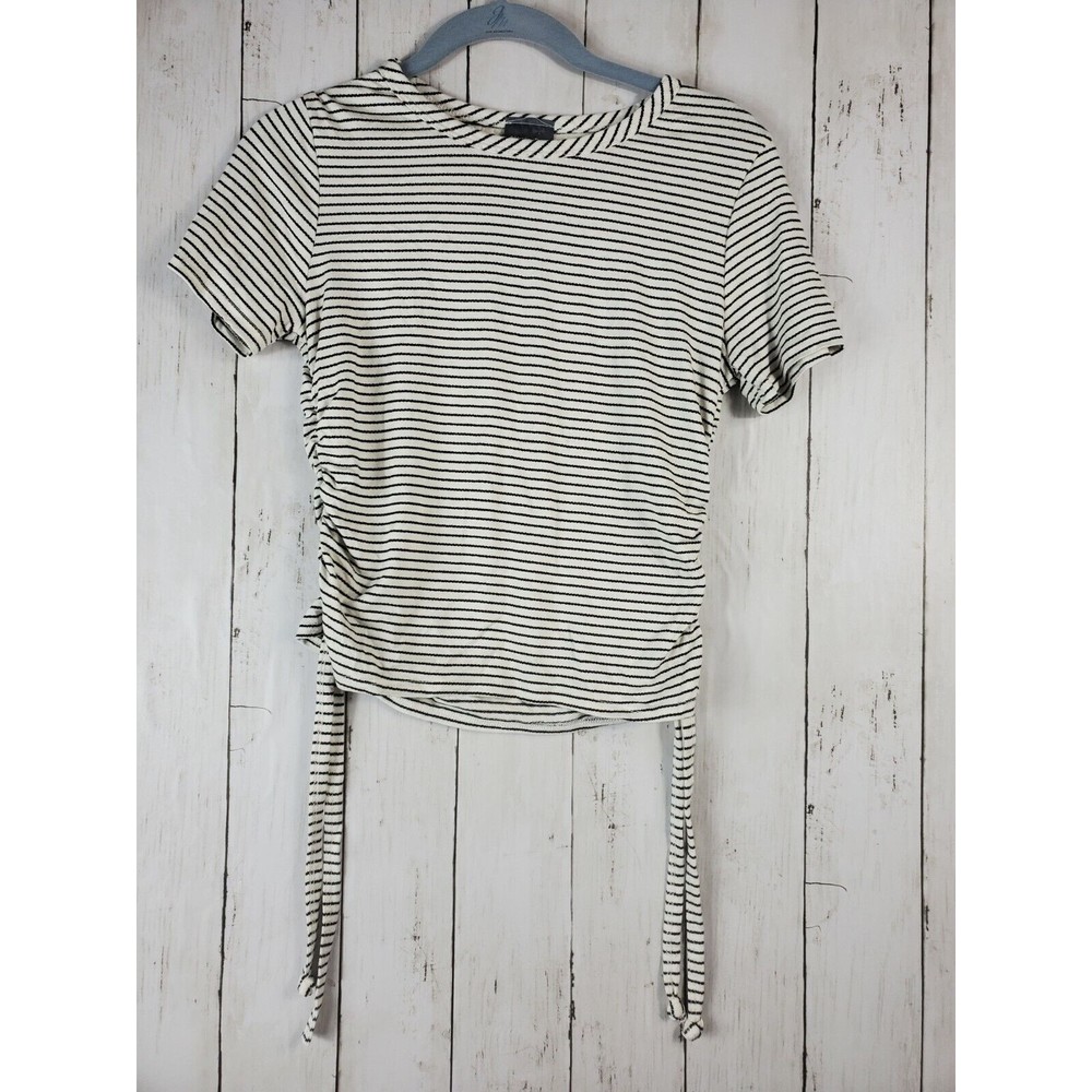 OLIVIA RAE Top Size Medium Striped White Black Scoop Neck Rouched Rayon